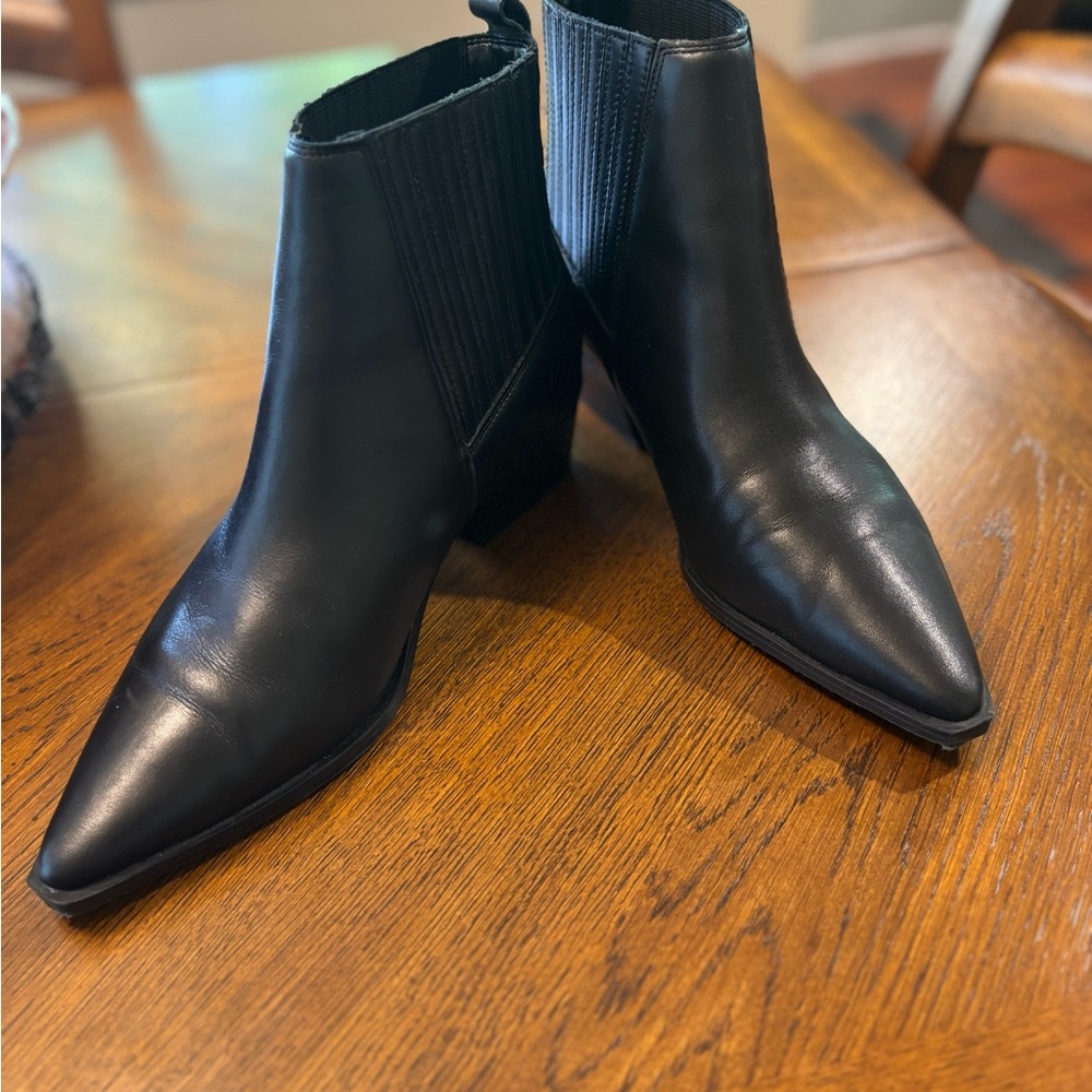 Black Marc Fisher Ankle Boots with Pointed Toe and Low Block Heel
